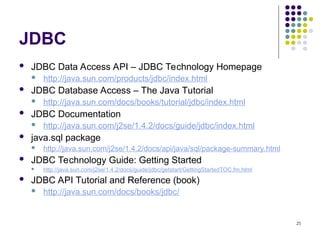 25
JDBC
 JDBC Data Access API – JDBC Technology Homepage
 http://java.sun.com/products/jdbc/index.html
 JDBC Database Access – The Java Tutorial
 http://java.sun.com/docs/books/tutorial/jdbc/index.html
 JDBC Documentation
 http://java.sun.com/j2se/1.4.2/docs/guide/jdbc/index.html
 java.sql package
 http://java.sun.com/j2se/1.4.2/docs/api/java/sql/package-summary.html
 JDBC Technology Guide: Getting Started
 http://java.sun.com/j2se/1.4.2/docs/guide/jdbc/getstart/GettingStartedTOC.fm.html
 JDBC API Tutorial and Reference (book)
 http://java.sun.com/docs/books/jdbc/
 