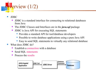 Overview (1/2)
 JDBC
 JDBC is a standard interface for connecting to relational databases
from Java
 The JDBC Classes and Interfaces are in the java.sql package
 JDBC is Java API for executing SQL statements

Provides a standard API for tool/database developers

Possible to write database applications using a pure Java API

Easy to send SQL statements to virtually any relational database
 What does JDBC do?
 Establish a connection with a database
 Send SQL statements
 Process the results
JDBC Driver
JAVA Applet/
Application Database
JDBC Call
Database
Command
 