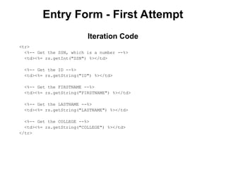 Entry Form - First Attempt
<tr>
<%-- Get the SSN, which is a number --%>
<td><%= rs.getInt("SSN") %></td>
<%-- Get the ID --%>
<td><%= rs.getString("ID") %></td>
<%-- Get the FIRSTNAME --%>
<td><%= rs.getString("FIRSTNAME") %></td>
<%-- Get the LASTNAME --%>
<td><%= rs.getString("LASTNAME") %></td>
<%-- Get the COLLEGE --%>
<td><%= rs.getString("COLLEGE") %></td>
</tr>
Iteration Code
 