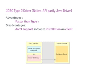 JDBC Type 2 Driver (Native-API partly Java Driver)
Advantages :
      Faster than Type 1
Disadvantages:
      don’t support software installation on client
 