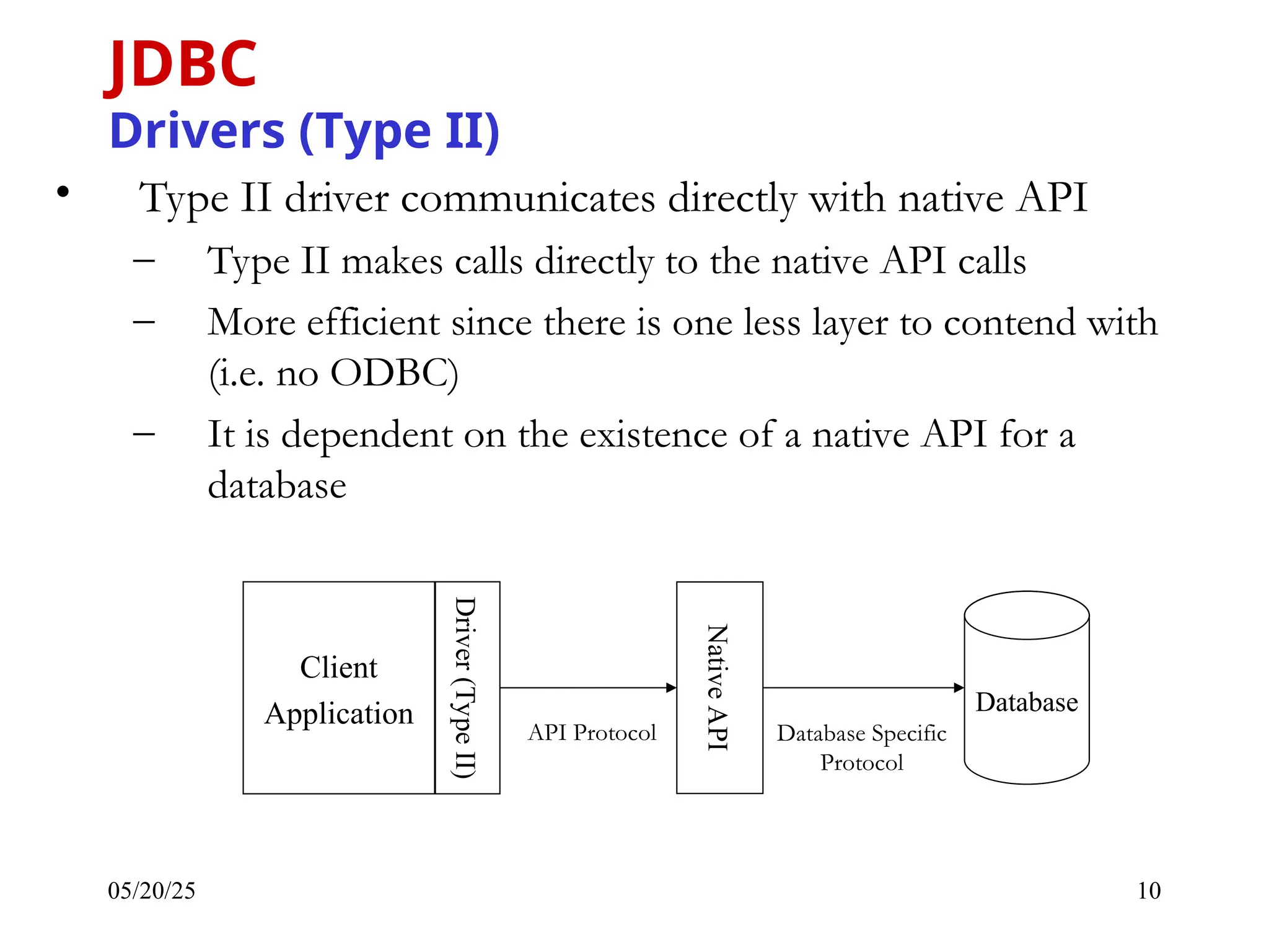 05/20/25 10 • Type II driver communicates directly with native API – Type II makes calls directly to the native API calls – More efficient since there is one less layer to contend with (i.e. no ODBC) – It is dependent on the existence of a native API for a database JDBC Drivers (Type II) Client Application Database Driver (Type II) Native API Database Specific Protocol API Protocol 