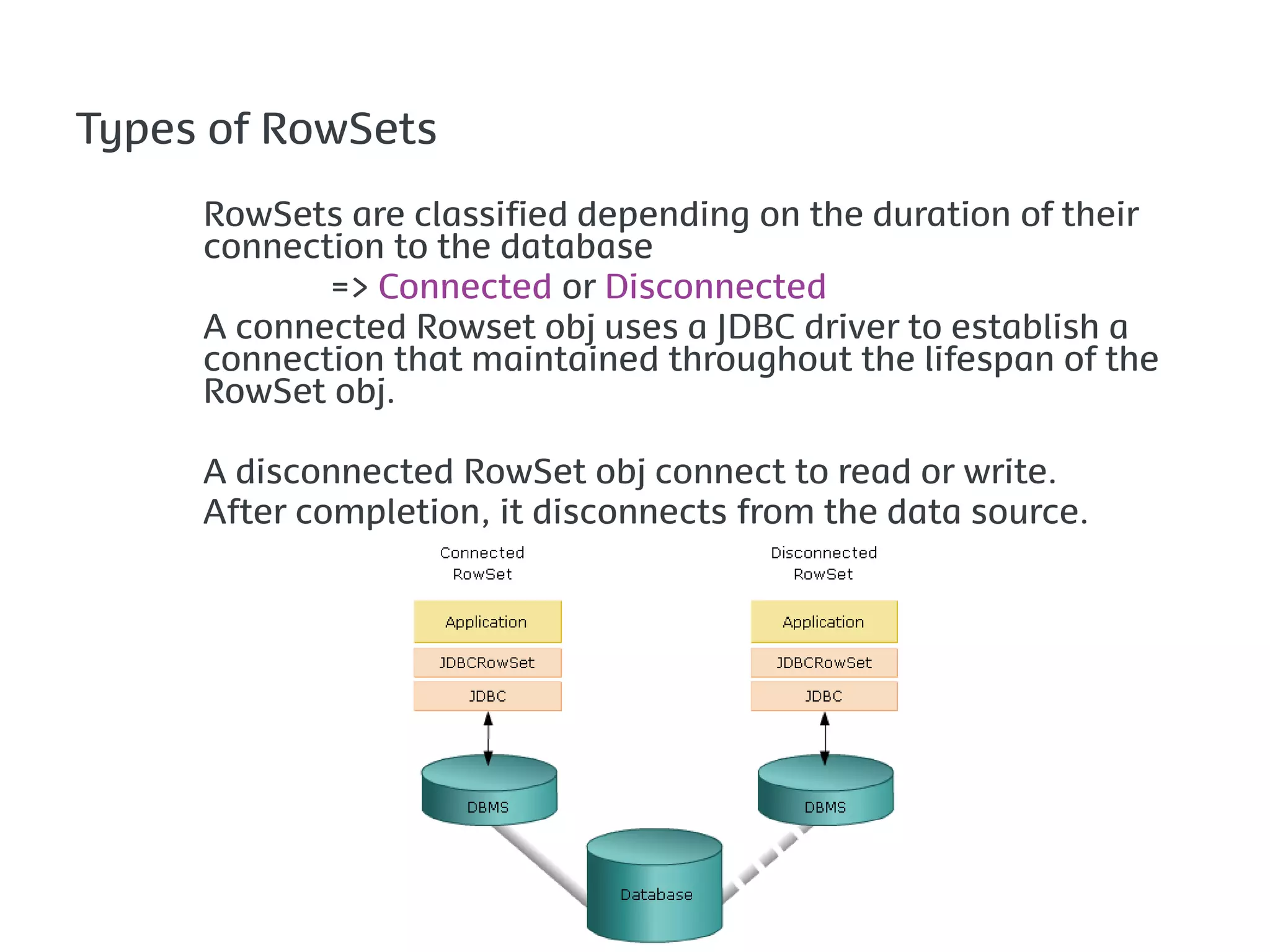 Types of RowSets
     RowSets are classified depending on the duration of their
     connection to the database
            => Connected or Disconnected
     A connected Rowset obj uses a JDBC driver to establish a
     connection that maintained throughout the lifespan of the
     RowSet obj.

     A disconnected RowSet obj connect to read or write.
     After completion, it disconnects from the data source.
 