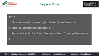 Cargar el Driver
try {
Class.forName("com.mysql.jdbc.Driver").newInstance();
} catch (ClassNotFoundException e) {
System.out.println("Error loading driver: " + e.getMessage());
}
 