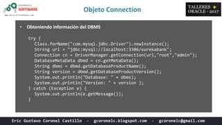 Objeto Connection
• Obteniendo información del DBMS
try {
Class.forName("com.mysql.jdbc.Driver").newInstance();
String url = "jdbc:mysql://localhost:3306/eurekabank";
Connection cn = DriverManager.getConnection(url,"root","admin");
DatabaseMetaData dbmd = cn.getMetaData();
String dbms = dbmd.getDatabaseProductName();
String version = dbmd.getDatabaseProductVersion();
System.out.println("Database: " + dbms);
System.out.println("Version: " + version );
} catch (Exception e) {
System.out.println(e.getMessage());
}
 