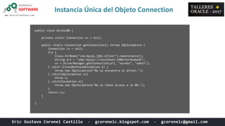Instancia Única del Objeto Connection
public class AccesoDB {
private static Connection cn = null;
public static Connection getConnection() throws SQLException {
Connection cn = null;
try {
Class.forName("com.mysql.jdbc.Driver").newInstance();
String url = "jdbc:mysql://localhost:3306/eurekabank";
cn = DriverManager.getConnection(url, "eureka", "admin");
} catch (ClassNotFoundException e) {
throw new SQLException("No se encuentra el driver.");
} catch(SQLException e){
throw e;
} catch(Exception e){
throw new SQLException("No se tiene acceso a la BD.");
}
return cn;
}
}
 