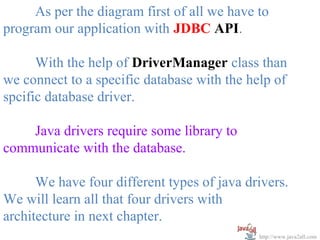 As per the diagram first of all we have to
program our application with JDBC API.

      With the help of DriverManager class than
we connect to a specific database with the help of
spcific database driver.

    Java drivers require some library to
communicate with the database.

      We have four different types of java drivers.
We will learn all that four drivers with
architecture in next chapter.
                                             http://www.java2all.com
 