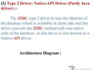 (2) Type 2 Driver: Native-API Driver (Partly Java
driver) :-

      The JDBC type 2 driver is uses the libraries of
the database which is available at client side and this
driver converts the JDBC method calls into native
calls of the database so this driver is also known as a
Native-API driver.


           Architecture Diagram :


                                              http://www.java2all.com
 