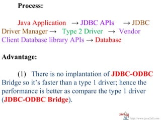 Process:

     Java Application → JDBC APIs → JDBC
Driver Manager → Type 2 Driver → Vendor
Client Database library APIs → Database

Advantage:

     (1) There is no implantation of JDBC-ODBC
Bridge so it’s faster than a type 1 driver; hence the
performance is better as compare the type 1 driver
(JDBC-ODBC Bridge).

                                             http://www.java2all.com
 