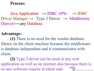 Process:

     Java Application → JDBC APIs → JDBC
Driver Manager → Type 3 Driver → Middleware
(Server)→ any Database

Advantage:
      (1) There is no need for the vendor database
library on the client machine because the middleware
is database independent and it communicates with
client.
      (2) Type 3 driver can be used in any web
application as well as on internet also because there is
no any software require at client side.       http://www.java2all.com
 