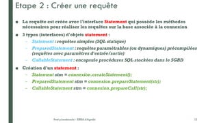 Etape 2 : Créer une requête
■ La requête est créée avec l'interface Statement qui possède les méthodes
nécessaires pour réaliser les requêtes sur la base associée à la connexion
■ 3 types (interfaces) d'objets statement :
– Statement : requêtes simples (SQL statique)
– PreparedStatement : requêtes paramétrables (ou dynamiques) précompilées
(requêtes avec paramètres d'entrée/sortie)
– CallableStatement : encapsule procédures SQL stockées dans le SGBD
■ Création d'un statement :
– Statement stm = connexion.createStatement();
– PreparedStatement stm = connexion.prepareStatement(str);
– CallableStatement stm = connexion.prepareCall(str);
Prof y.boukouchi - ENSA d'Agadir 12
 