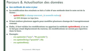 Parcours & Actualisation des données
■ Les méthode de mise-à-jour
■ La modification des résultats se fait a l'aide d’une méthode dont le nom est de la
forme :
– updateXXX( le champ concerné , la nouvelle valeur);
où XXX désigne un type Java.
■ Il faut réaliser plusieurs appels pour modifier plusieurs champs de l‘enregistrement
courant.
■ Enfin, il faut valider les modifications en appelant la méthode updateRaw(); si on ne
le fait pas avant déplacement du curseur, les modifications ne seront pas reportées
dans la base.
■ Exemple:
– res.updatelnt ("nom", "Pc portable");
– res.updateString ("quantité", 50);
– res.updateRow();
Prof y.boukouchi - ENSA d'Agadir 22
 