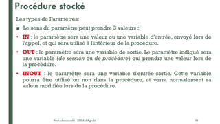 Procédure stocké
Les types de Paramètres:
■ Le sens du paramètre peut prendre 3 valeurs :
• IN : le paramètre sera une valeur ou une variable d'entrée, envoyé lors de
l'appel, et qui sera utilisé à l'intérieur de la procédure.
• OUT : le paramètre sera une variable de sortie. Le paramètre indiqué sera
une variable (de session ou de procédure) qui prendra une valeur lors de
la procédure.
• INOUT : le paramètre sera une variable d'entrée-sortie. Cette variable
pourra être utilisé ou non dans la procédure, et verra normalement sa
valeur modifiée lors de la procédure.
Prof y.boukouchi - ENSA d'Agadir 33
 
