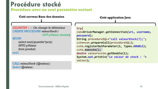 Prof y.boukouchi - ENSA d'Agadir 35
DELIMITER | -- On change le délimiteur
CREATE PROCEDURE valeurStock (
OUT pValeur double)
BEGIN
select sum(quantite*prix)
INTO pValeur
from produit;
end|
CALL valeurStock (@valeur);
Select @valeur;
Procédure stocké
Coté serveur Base des données Coté application Java
try{
con=DriverManager.getConnection(url, username,
password);
String procedureSQL="call valeurStock(?);";
cstm=con.prepareCall(procedureSQL);
cstm.registerOutParameter(1, Types.DOUBLE);
cstm.execute();
double valeur=cstm.getDouble(1);
System.out.println("La valeur de stock : "+
valeur);
Procédure avec un seul paramètre sortant
 