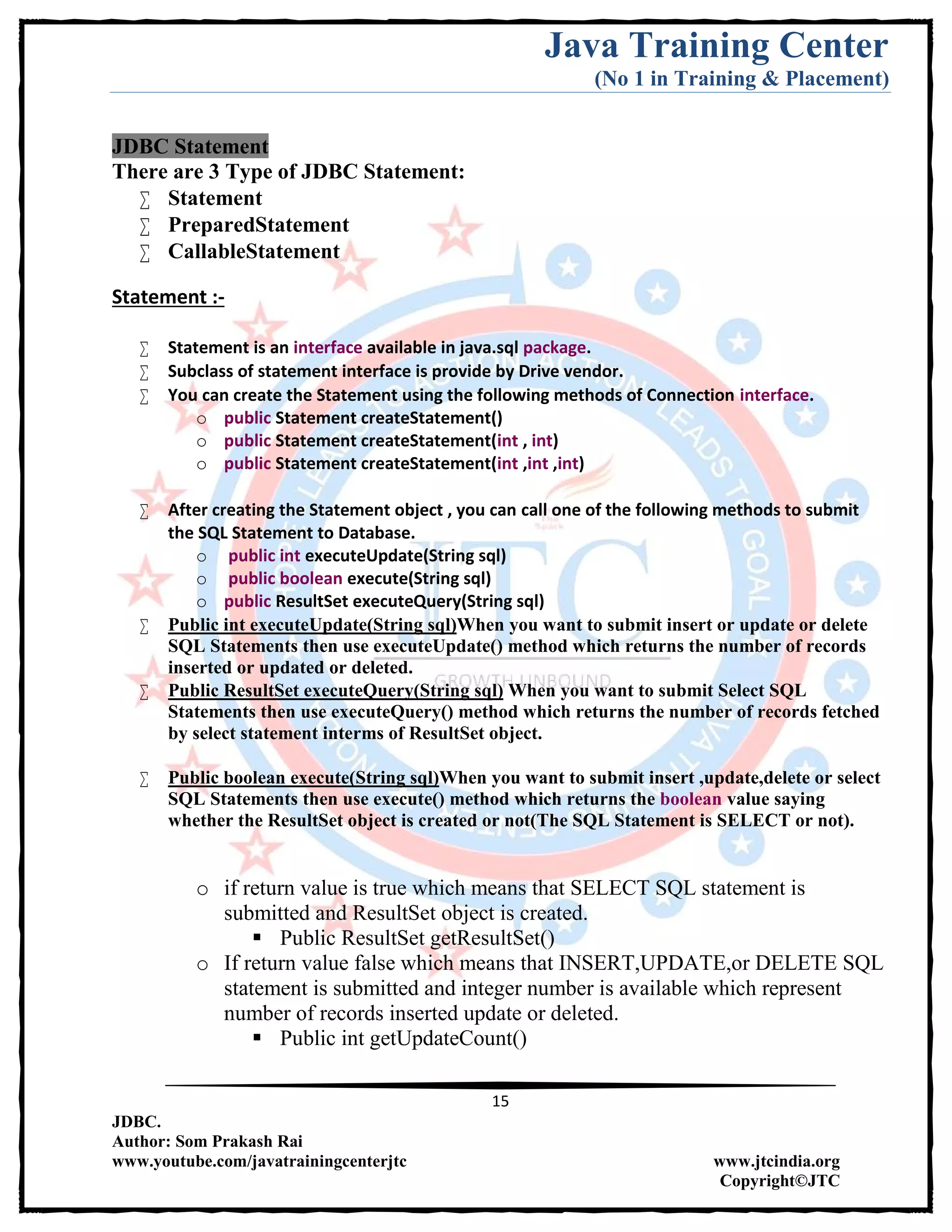 Jdbc Complete Notes by Java Training Center (Som Sir) | PDF