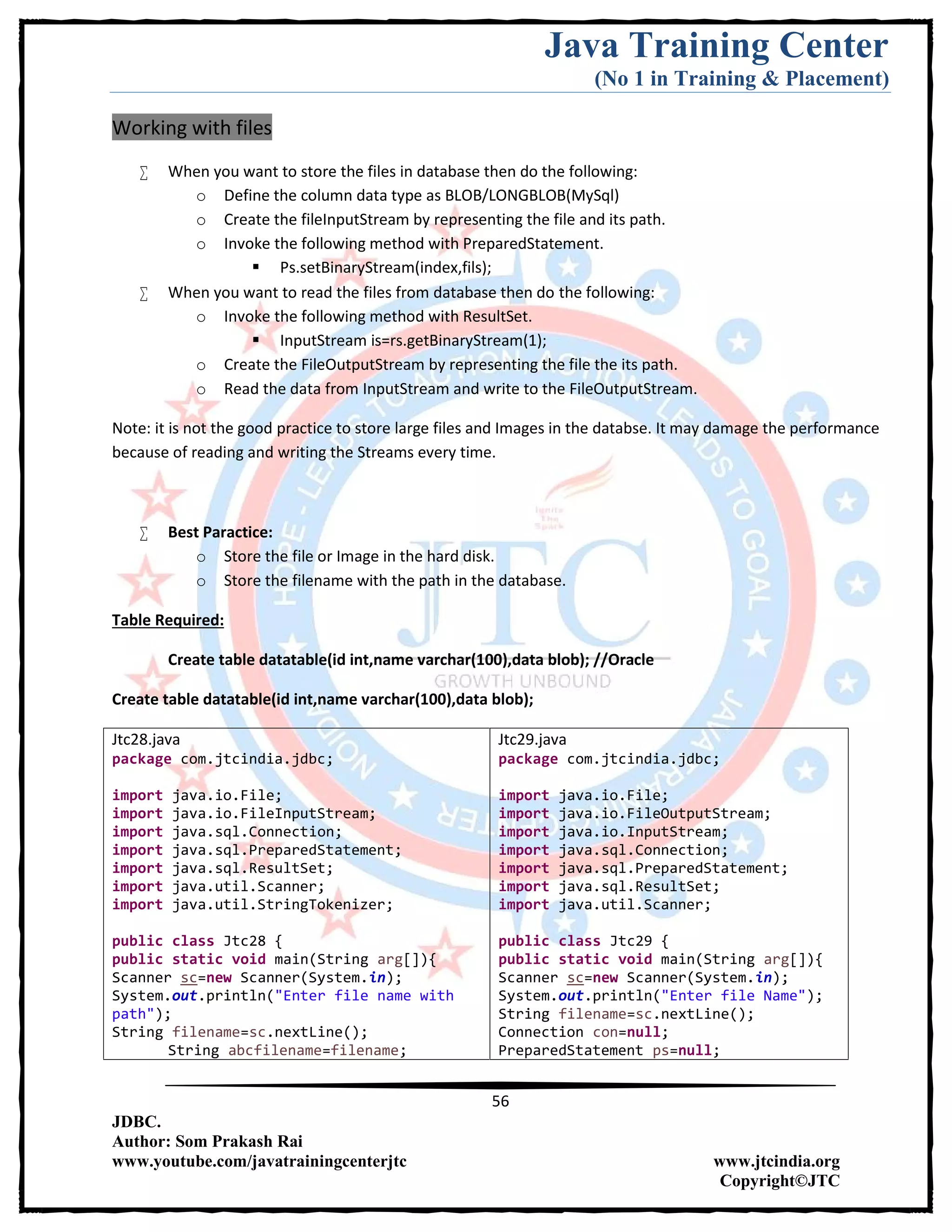 Java Training Center
(No 1 in Training & Placement)
56
JDBC.
Author: Som Prakash Rai
www.youtube.com/javatrainingcenterjtc www.jtcindia.org
Copyright©JTC
Working with files
 When you want to store the files in database then do the following:
o Define the column data type as BLOB/LONGBLOB(MySql)
o Create the fileInputStream by representing the file and its path.
o Invoke the following method with PreparedStatement.
 Ps.setBinaryStream(index,fils);
 When you want to read the files from database then do the following:
o Invoke the following method with ResultSet.
 InputStream is=rs.getBinaryStream(1);
o Create the FileOutputStream by representing the file the its path.
o Read the data from InputStream and write to the FileOutputStream.
Note: it is not the good practice to store large files and Images in the databse. It may damage the performance
because of reading and writing the Streams every time.
 Best Paractice:
o Store the file or Image in the hard disk.
o Store the filename with the path in the database.
Table Required:
Create table datatable(id int,name varchar(100),data blob); //Oracle
Create table datatable(id int,name varchar(100),data blob);
Jtc28.java
package com.jtcindia.jdbc;
import java.io.File;
import java.io.FileInputStream;
import java.sql.Connection;
import java.sql.PreparedStatement;
import java.sql.ResultSet;
import java.util.Scanner;
import java.util.StringTokenizer;
public class Jtc28 {
public static void main(String arg[]){
Scanner sc=new Scanner(System.in);
System.out.println("Enter file name with
path");
String filename=sc.nextLine();
String abcfilename=filename;
Jtc29.java
package com.jtcindia.jdbc;
import java.io.File;
import java.io.FileOutputStream;
import java.io.InputStream;
import java.sql.Connection;
import java.sql.PreparedStatement;
import java.sql.ResultSet;
import java.util.Scanner;
public class Jtc29 {
public static void main(String arg[]){
Scanner sc=new Scanner(System.in);
System.out.println("Enter file Name");
String filename=sc.nextLine();
Connection con=null;
PreparedStatement ps=null;
 