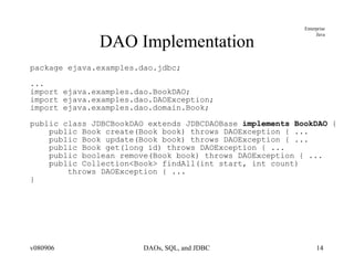 DAO Implementation package ejava.examples.dao.jdbc; ... import ejava.examples.dao.BookDAO; import ejava.examples.dao.DAOException; import ejava.examples.dao.domain.Book; public class JDBCBookDAO extends JDBCDAOBase  implements BookDAO  { public Book create(Book book) throws DAOException { ... public Book update(Book book) throws DAOException { ... public Book get(long id) throws DAOException { ... public boolean remove(Book book) throws DAOException { ... public Collection<Book> findAll(int start, int count)  throws DAOException { ... } 