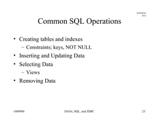 Common SQL Operations Creating tables and indexes Constraints; keys, NOT NULL Inserting and Updating Data Selecting Data Views Removing Data 