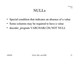 NULLs Special condition that indicates an absence of a value Some columns may be required to have a value decoder_program VARCHAR(128) NOT NULL  