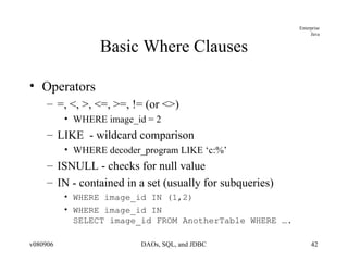 Basic Where Clauses Operators =, <, >, <=, >=, != (or <>) WHERE image_id = 2 LIKE  - wildcard comparison WHERE decoder_program LIKE ‘c:%’ ISNULL - checks for null value IN - contained in a set (usually for subqueries) WHERE image_id IN (1,2) WHERE image_id IN SELECT image_id FROM AnotherTable WHERE …. 