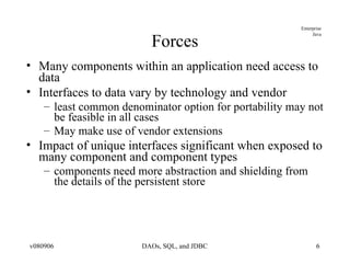 Forces Many components within an application need access to data Interfaces to data vary by technology and vendor least common denominator option for portability may not be feasible in all cases May make use of vendor extensions Impact of unique interfaces significant when exposed to many component and component types components need more abstraction and shielding from the details of the persistent store 