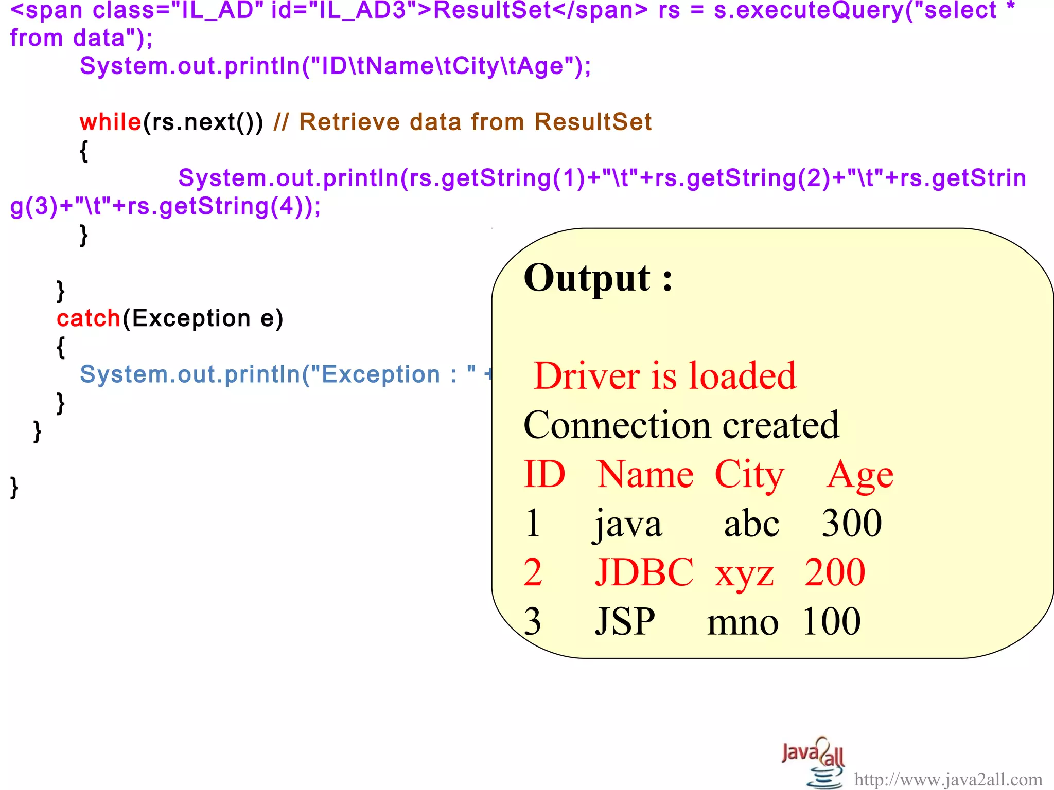 <span class="IL_AD" id="IL_AD3">ResultSet</span> rs = s.executeQuery("select *
 
from data");
     System.out.println("IDtNametCitytAge");

     while(rs.next()) // Retrieve data from ResultSet
     {
              System.out.println(rs.getString(1)+"t"+rs.getString(2)+"t"+rs.getStrin
g(3)+"t"+rs.getString(4));
     }

        }                                      Output :
        catch(Exception e)
        {
                                                
          System.out.println("Exception : " +e);Driver is loaded
        }
    }                                          Connection created
}                                              ID   Name  City    Age
                                               1     java      abc    300
                                               2     JDBC  xyz   200
                                               3     JSP     mno  100


                                                                       http://www.java2all.com
 