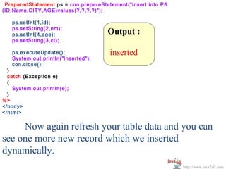 PreparedStatement ps = con.prepareStatement("insert into PA
(ID,Name,CITY,AGE)values(?,?,?,?)");

   ps.setInt(1,id);
   ps.setString(2,nm);
   ps.setInt(4,age);                  Output :
   ps.setString(3,ct);

   ps.executeUpdate();                 inserted
   System.out.println("inserted");
   con.close();
  }
  catch (Exception e)
  {
    System.out.println(e);
  }
%>
</body>
</html>


     Now again refresh your table data and you can
see one more new record which we inserted
dynamically.
                                                               http://www.java2all.com
 