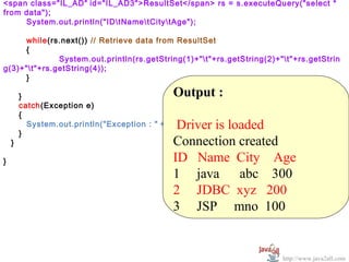 <span class="IL_AD" id="IL_AD3">ResultSet</span> rs = s.executeQuery("select *
 
from data");
     System.out.println("IDtNametCitytAge");

     while(rs.next()) // Retrieve data from ResultSet
     {
              System.out.println(rs.getString(1)+"t"+rs.getString(2)+"t"+rs.getStrin
g(3)+"t"+rs.getString(4));
     }

        }                                      Output :
        catch(Exception e)
        {
                                                
          System.out.println("Exception : " +e);Driver is loaded
        }
    }                                          Connection created
}                                              ID   Name  City    Age
                                               1     java      abc    300
                                               2     JDBC  xyz   200
                                               3     JSP     mno  100


                                                                       http://www.java2all.com
 