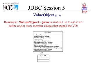 JDBC Session 5 Remember,  ValueObject.java  is  abstract , so to use it we define one or more member classes that extend the VO:  ValueObject  (p. 3) 
