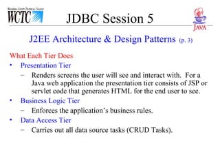 JDBC Session 5 What Each Tier Does Presentation Tier Renders screens the user will see and interact with.  For a Java web application the presentation tier consists of JSP or servlet code that generates HTML for the end user to see. Business Logic Tier Enforces the application’s business rules. Data Access Tier Carries out all data source tasks (CRUD Tasks). J2EE Architecture & Design Patterns   (p. 3) 