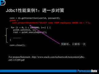 Jdbc1性能案例1：进一步对策 
conn = ds.getConnection(userid, password); pstmt = conn.prepareStatement("SELECT name FROM employees WHERE id = ?"); for (i = 0; i < 1000000; i++) { { pstmt.setInt(1, i); rset = pstmt.executeQuery(); 
...... } 
conn.close(); 
预解析，只解析一次 
For prepareStatement , http://www.oracle.com/technetwork/testcontent/jdbc- ch5-131209.pdf  