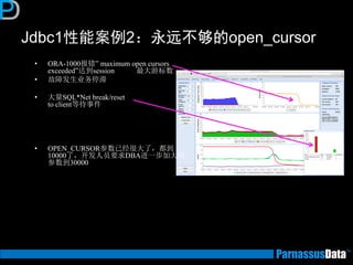 Jdbc1性能案例2：永远不够的open_cursor 
•ORA-1000报错” maximum open cursors exceeded”达到session 最大游标数 
•故障发生业务停滞 
•大量SQL*Net break/reset to client等待事件 
•OPEN_CURSOR参数已经很大了，都到 10000了，开发人员要求DBA进一步加大该 参数到30000  
