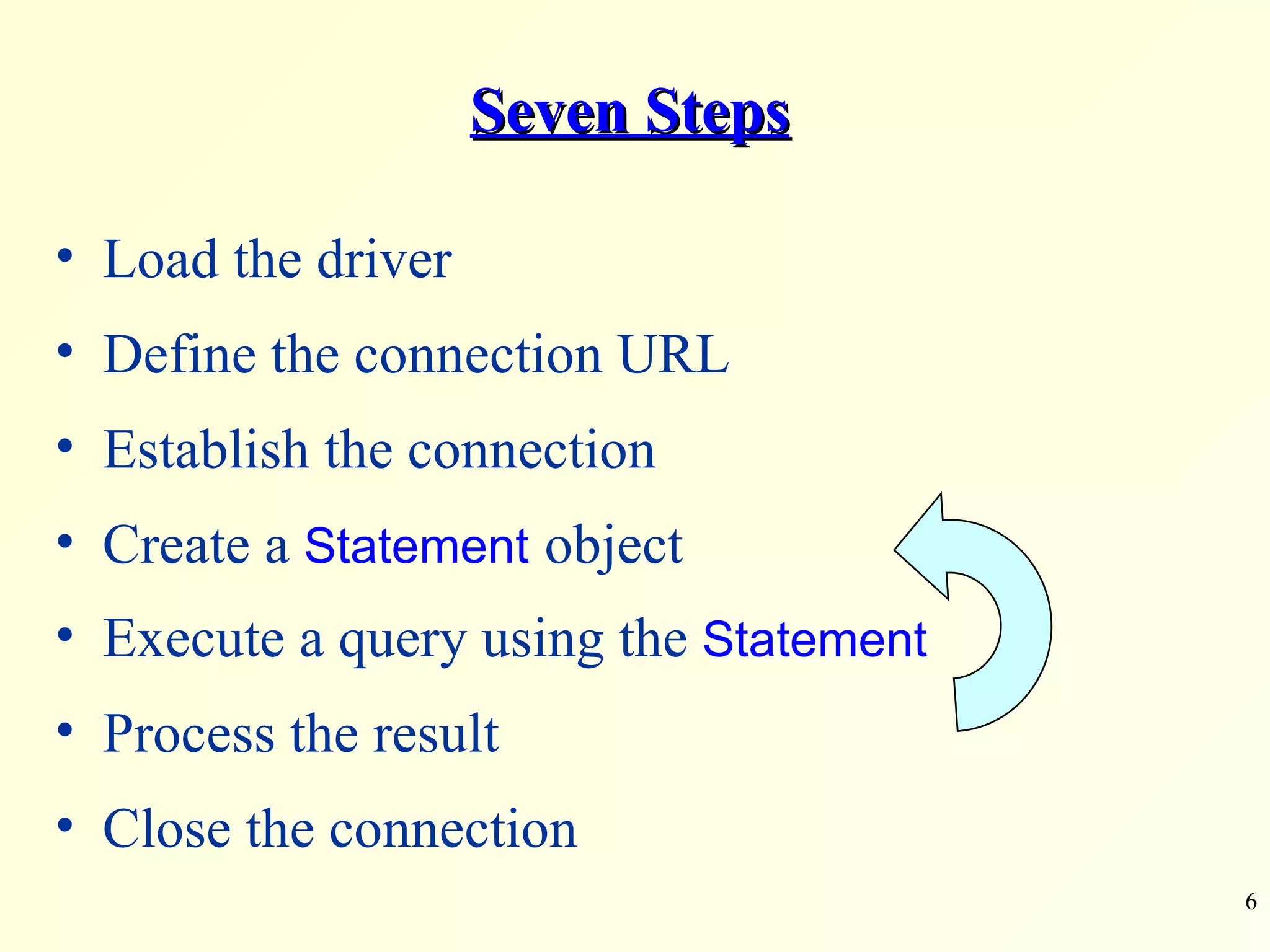 Seven Steps Load the driver Define the connection URL Establish the connection Create a  Statement   object Execute a query using the  Statement Process the result Close the connection 