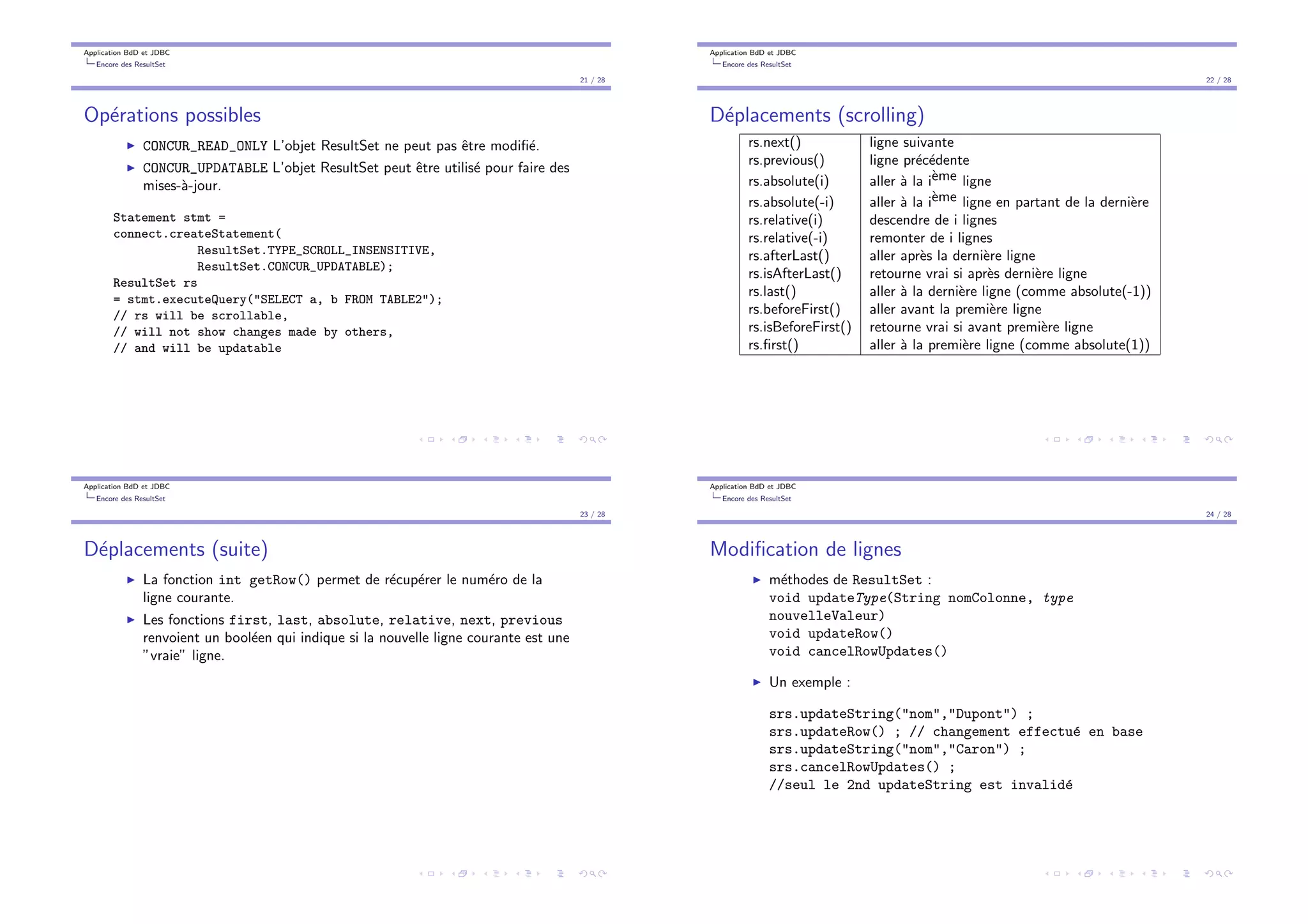 Application BdD et JDBC
Encore des ResultSet
21 / 28
Op´erations possibles
I CONCUR_READ_ONLY L’objet ResultSet ne peut pas ˆetre modiﬁ´e.
I CONCUR_UPDATABLE L’objet ResultSet peut ˆetre utilis´e pour faire des
mises-`a-jour.
Statement stmt =
connect.createStatement(
ResultSet.TYPE_SCROLL_INSENSITIVE,
ResultSet.CONCUR_UPDATABLE);
ResultSet rs
= stmt.executeQuery("SELECT a, b FROM TABLE2");
// rs will be scrollable,
// will not show changes made by others,
// and will be updatable
Application BdD et JDBC
Encore des ResultSet
22 / 28
D´eplacements (scrolling)
rs.next() ligne suivante
rs.previous() ligne pr´ec´edente
rs.absolute(i) aller `a la i`eme ligne
rs.absolute(-i) aller `a la i`eme ligne en partant de la derni`ere
rs.relative(i) descendre de i lignes
rs.relative(-i) remonter de i lignes
rs.afterLast() aller apr`es la derni`ere ligne
rs.isAfterLast() retourne vrai si apr`es derni`ere ligne
rs.last() aller `a la derni`ere ligne (comme absolute(-1))
rs.beforeFirst() aller avant la premi`ere ligne
rs.isBeforeFirst() retourne vrai si avant premi`ere ligne
rs.ﬁrst() aller `a la premi`ere ligne (comme absolute(1))
Application BdD et JDBC
Encore des ResultSet
23 / 28
D´eplacements (suite)
I La fonction int getRow() permet de r´ecup´erer le num´ero de la
ligne courante.
I Les fonctions first, last, absolute, relative, next, previous
renvoient un bool´een qui indique si la nouvelle ligne courante est une
”vraie” ligne.
Application BdD et JDBC
Encore des ResultSet
24 / 28
Modiﬁcation de lignes
I m´ethodes de ResultSet :
void updateType(String nomColonne, type
nouvelleValeur)
void updateRow()
void cancelRowUpdates()
I Un exemple :
srs.updateString("nom","Dupont") ;
srs.updateRow() ; // changement effectu´e en base
srs.updateString("nom","Caron") ;
srs.cancelRowUpdates() ;
//seul le 2nd updateString est invalid´e
 