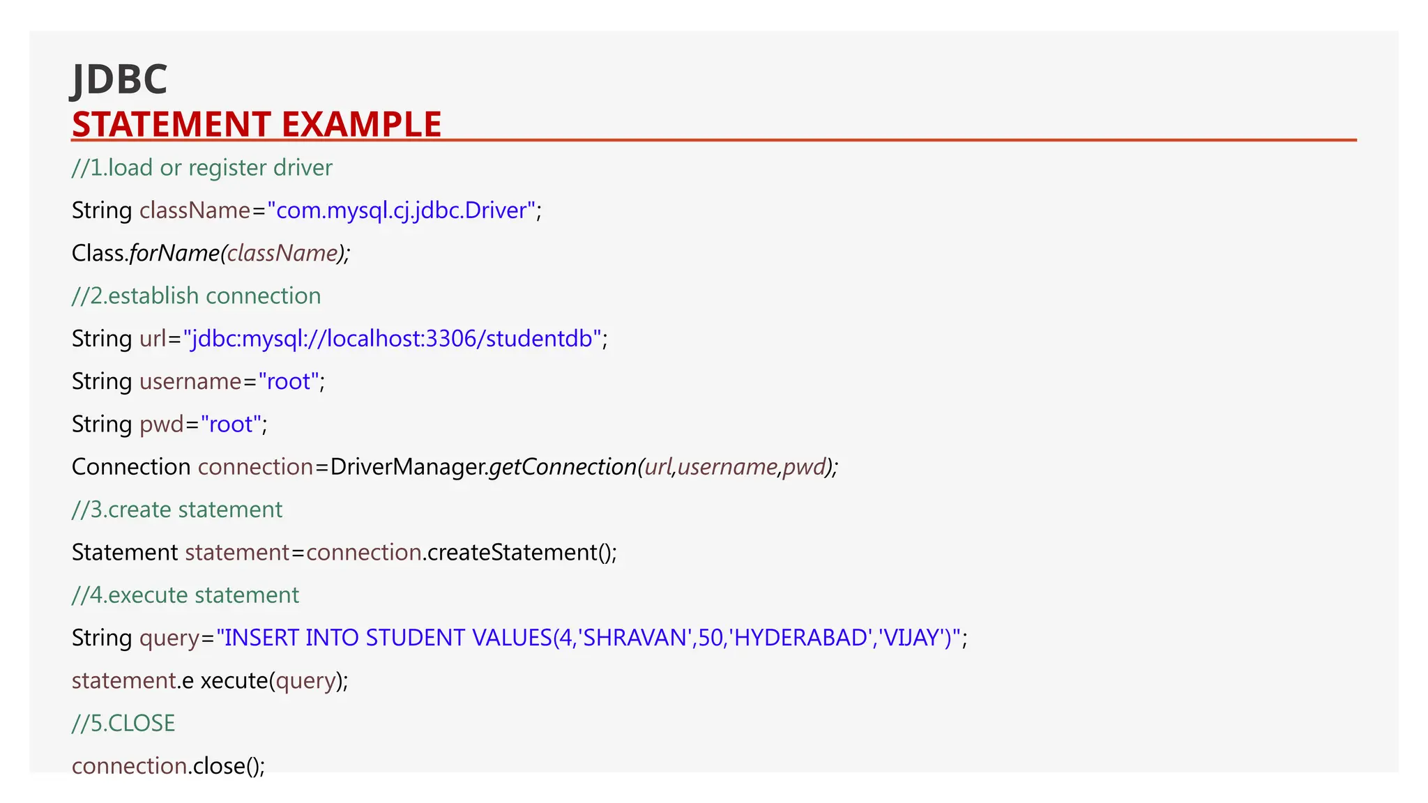 JDBC STATEMENT EXAMPLE //1.load or register driver String className="com.mysql.cj.jdbc.Driver"; Class.forName(className); //2.establish connection String url="jdbc:mysql://localhost:3306/studentdb"; String username="root"; String pwd="root"; Connection connection=DriverManager.getConnection(url,username,pwd); //3.create statement Statement statement=connection.createStatement(); //4.execute statement String query="INSERT INTO STUDENT VALUES(4,'SHRAVAN',50,'HYDERABAD','VIJAY')"; statement.e xecute(query); //5.CLOSE connection.close(); 