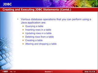 JDBC
Creating and Executing JDBC Statements (Contd.)


                • Various database operations that you can perform using a
                  Java application are:
                      Querying a table
                      Inserting rows in a table
                      Updating rows in a table
                      Deleting rows from a table
                      Creating a table
                      Altering and dropping a table




     Ver. 1.0                           Session 1                   Slide 18 of 38
 