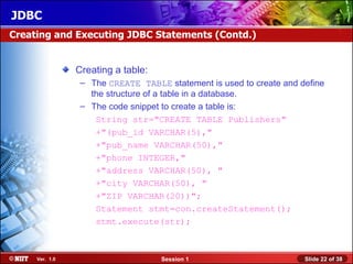 JDBC
Creating and Executing JDBC Statements (Contd.)


                Creating a table:
                 – The CREATE TABLE statement is used to create and define
                   the structure of a table in a database.
                 – The code snippet to create a table is:
                    String str="CREATE TABLE Publishers"
                    +"(pub_id VARCHAR(5),"
                    +"pub_name VARCHAR(50),"
                    +"phone INTEGER,"
                    +"address VARCHAR(50), "
                    +"city VARCHAR(50), "
                    +"ZIP VARCHAR(20))";
                    Statement stmt=con.createStatement();
                    stmt.execute(str);



     Ver. 1.0                       Session 1                        Slide 22 of 38
 