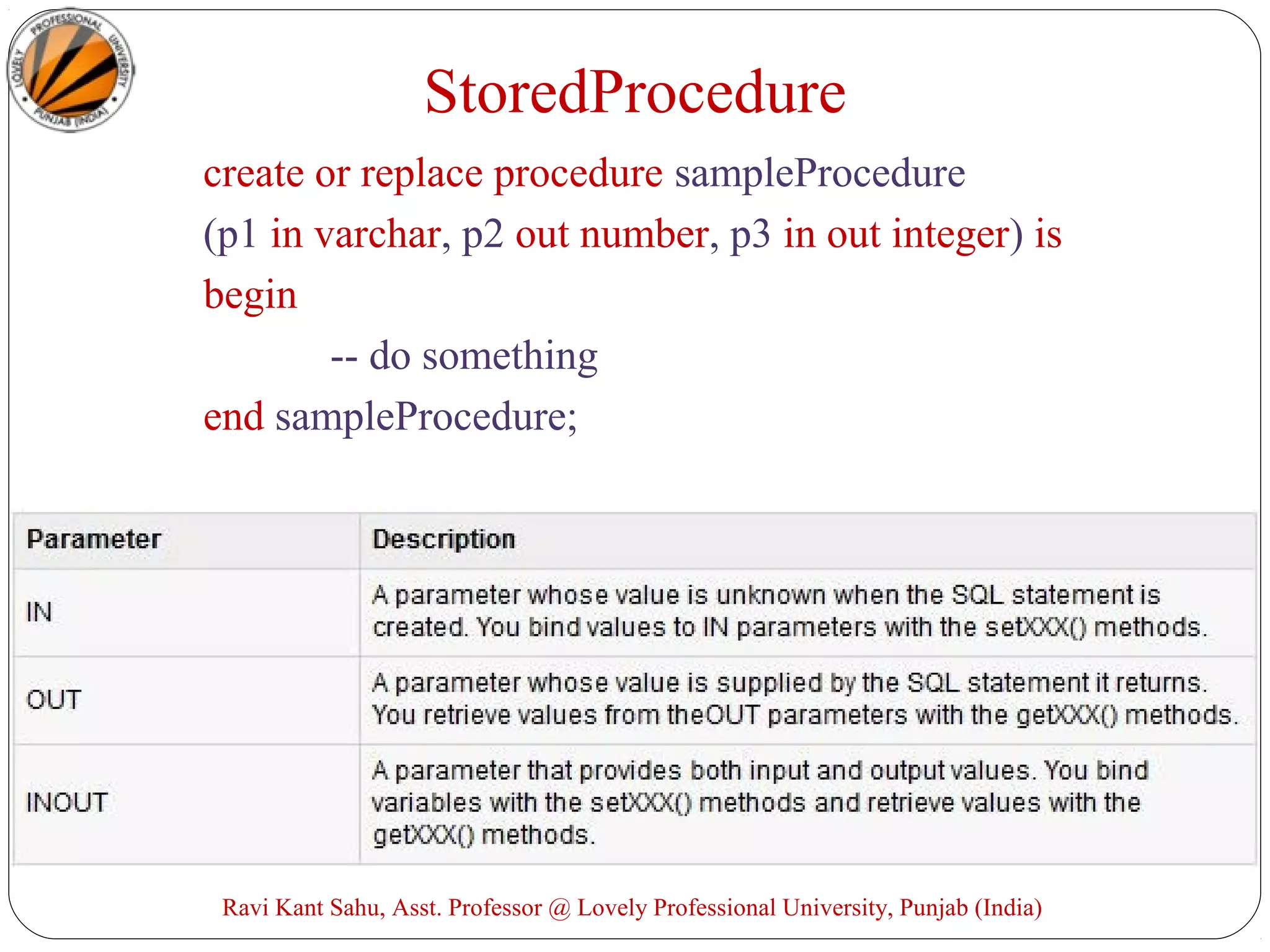 create or replace procedure sampleProcedure
(p1 in varchar, p2 out number, p3 in out integer) is
begin
-- do something
end sampleProcedure;
Parameters: PreparedStatement uses only IN parameter, while
CallableStatement uses all three.
Ravi Kant Sahu, Asst. Professor @ Lovely Professional University, Punjab (India)
StoredProcedure
 