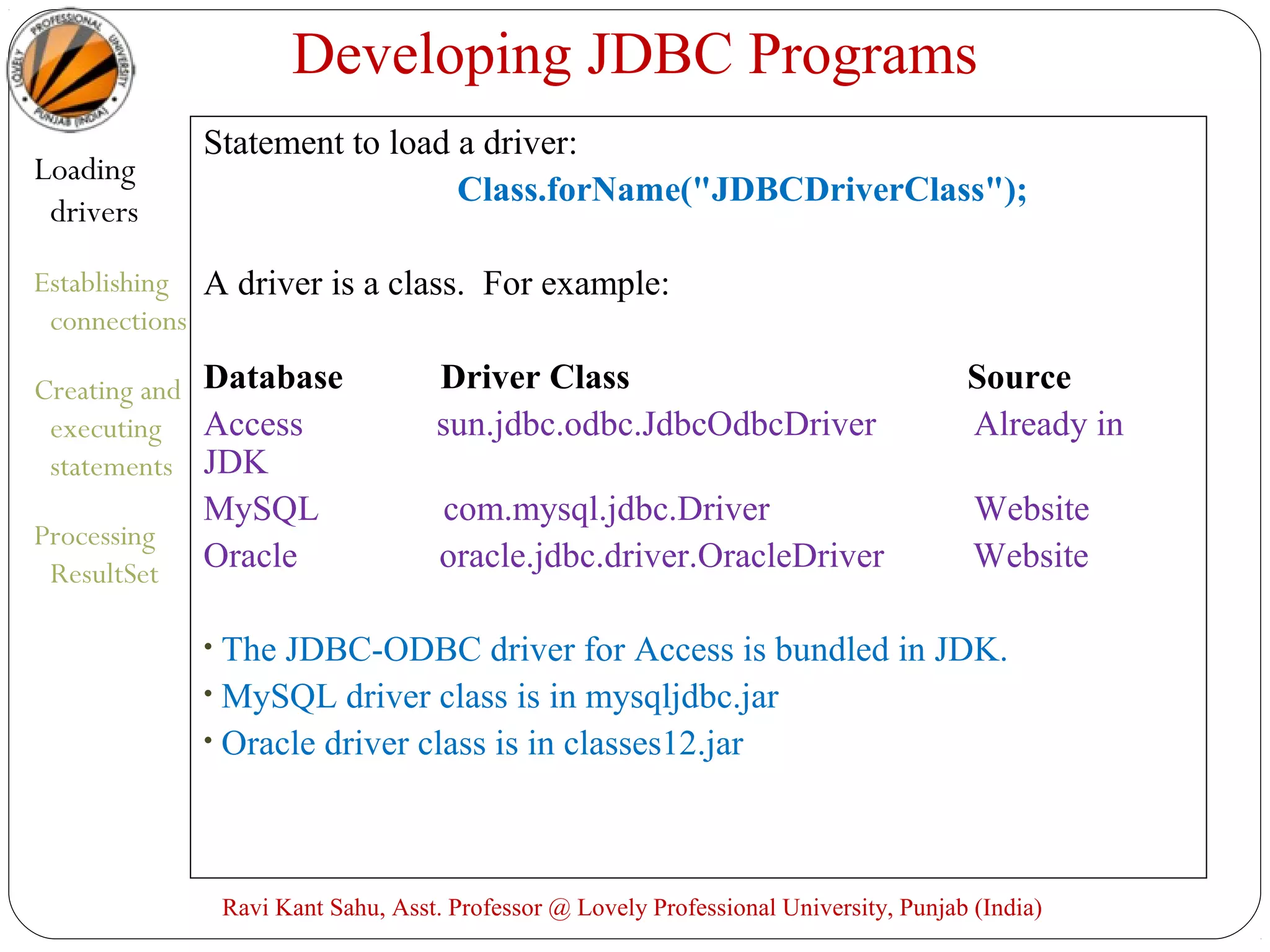 Developing JDBC Programs
Loading
drivers
Establishing
connections
Creating and
executing
statements
Processing
ResultSet
Statement to load a driver:
Class.forName("JDBCDriverClass");
A driver is a class. For example:
Database Driver Class Source
Access sun.jdbc.odbc.JdbcOdbcDriver Already in
JDK
MySQL com.mysql.jdbc.Driver Website
Oracle oracle.jdbc.driver.OracleDriver Website
• The JDBC-ODBC driver for Access is bundled in JDK.
• MySQL driver class is in mysqljdbc.jar
• Oracle driver class is in classes12.jar
Ravi Kant Sahu, Asst. Professor @ Lovely Professional University, Punjab (India)
 