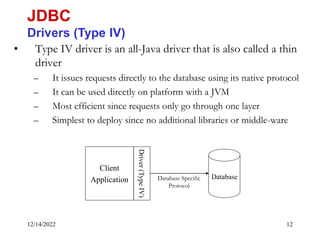 12/14/2022 12
• Type IV driver is an all-Java driver that is also called a thin
driver
– It issues requests directly to the database using its native protocol
– It can be used directly on platform with a JVM
– Most efficient since requests only go through one layer
– Simplest to deploy since no additional libraries or middle-ware
JDBC
Drivers (Type IV)
Database
Client
Application
Driver
(Type
IV)
Database Specific
Protocol
 