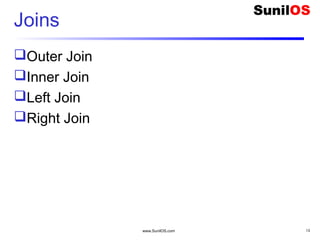 www.SunilOS.com 13
Joins
Outer Join
Inner Join
Left Join
Right Join
 