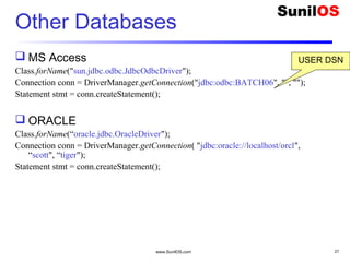 www.SunilOS.com 27
Other Databases
 MS Access
Class.forName("sun.jdbc.odbc.JdbcOdbcDriver");
Connection conn = DriverManager.getConnection("jdbc:odbc:BATCH06", "", "");
Statement stmt = conn.createStatement();
 ORACLE
Class.forName(“oracle.jdbc.OracleDriver");
Connection conn = DriverManager.getConnection( "jdbc:oracle://localhost/orcl",
“scott", “tiger");
Statement stmt = conn.createStatement();
USER DSN
 