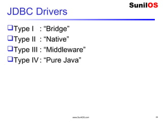 www.SunilOS.com 29
JDBC Drivers
Type I : “Bridge”
Type II : “Native”
Type III : “Middleware”
Type IV : “Pure Java”
 