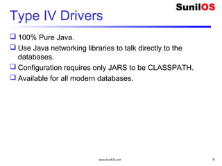 www.SunilOS.com 33
Type IV Drivers
 100% Pure Java.
 Use Java networking libraries to talk directly to the
databases.
 Configuration requires only JARS to be CLASSPATH.
 Available for all modern databases.
 