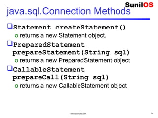 www.SunilOS.com 34
java.sql.Connection Methods
Statement createStatement()
o returns a new Statement object.
PreparedStatement
prepareStatement(String sql)
o returns a new PreparedStatement object
CallableStatement
prepareCall(String sql)
o returns a new CallableStatement object
 