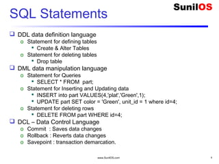 www.SunilOS.com 4
SQL Statements
 DDL data definition language
o Statement for defining tables
 Create & Alter Tables
o Statement for deleting tables
 Drop table
 DML data manipulation language
o Statement for Queries
 SELECT * FROM part;
o Statement for Inserting and Updating data
 INSERT into part VALUES(4,'plat','Green',1);
 UPDATE part SET color = 'Green', unit_id = 1 where id=4;
o Statement for deleting rows
 DELETE FROM part WHERE id=4;
 DCL – Data Control Language
o Commit : Saves data changes
o Rollback : Reverts data changes
o Savepoint : transaction demarcation.
 