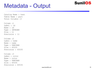 www.SunilOS.com 50
Metadata - Output
Catelog Name : test
Table Name : part
Total Columns :3
Column :1
Label : id
Name : id
Type : INTEGER
Size : 11
Precision : 11
Column :2
Label : name
Name : name
Type : VARCHAR
Size : 65535
Precision : 65535
Column :3
Label : color
Name : color
Type : VARCHAR
Size : 65535
Precision : 65535
 