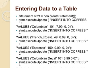 Entering Data to a Table
 Statement stmt = con.createStatement();
 stmt.executeUpdate ( "INSERT INTO COFFEES
" +
"VALUES ('Colombian', 101, 7.99, 0, 0)");
 stmt.executeUpdate ("INSERT INTO COFFEES "
+
"VALUES ('French_Roast', 49, 8.99, 0, 0)");
 stmt.executeUpdate ("INSERT INTO COFFEES "
+
"VALUES ('Espresso', 150, 9.99, 0, 0)");
 stmt.executeUpdate ("INSERT INTO COFFEES "
+
"VALUES ('Colombian Decaf' 101 8 99 0 0)");
 stmt.executeUpdate ("INSERT INTO COFFEES "
+
 