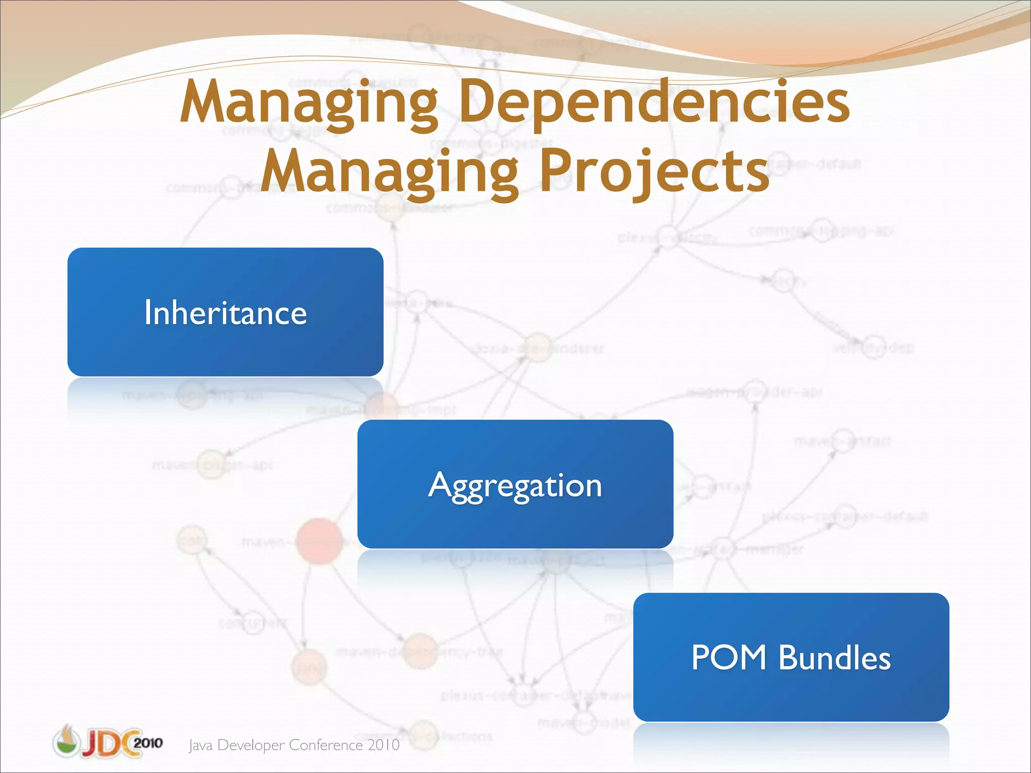Managing Dependencies
    Managing Projects

Inheritance



                                    Aggregation



                                                  POM Bundles

   Java Developer Conference 2010
 