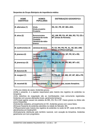 ACIDENTES COM ANIMAIS PEÇONHENTOS – S.A.M.U. - SP. 4
Serpentes do Grupo Botrópico de importância médica
NOME
CIENTÍFICO
NOMES
POPULARES
DISTRIBUIÇÃO GEOGRÁFICA
B. alternatus (1) Urutu
Urutu-cruzeira
Cruzeira
RS, SC, PR, SP, MS e MG.
B. atrox (2) Surucucurana
Jararaca-do-norte
Combóia
Jararaca-do-rabo-
branco
AC, AM, RR, PA, AP, MA, RO, TO, CE e
MT (áreas de floresta).
B. erythromelas (3) Jararaca-da-seca PI, CE, RN, PB, PE, AL, SE, BA e MG
(áreas xerófitas/caatinga).
B. jararaca (4) Jararaca
Jararaca-do-rabo-
branco
BA, MG, ES, RJ, SP, PR, SC e RS.
B. jararacuçu (5) Jararacuçu BA, ES, RJ, SP, PR, MG, MT e SC.
B. leucurus (6) BA
B. moojeni (7) Jararacão
Jararaca
Caiçaca
PI, TO, DF, GO, MG, SP, MT, MS e PR.
B. neuwiedi (8) Jararaca-pintada Em todo o país, exceto Amazônia.
(1)Poucos relatos de casos. Acidentes graves.
(2)Até o presente, é a espécie responsável pela maioria dos registros de acidentes na
Amazônia.
(3)Os distúrbios de coagulação são as manifestações mais comumente registradas.
Acidentes com poucas alterações locais, geralmente benignos.
(4)Principal agente causal nos estados de MG, ES, RJ e SP. Casos graves ou óbitos são
pouco freqüentes.
(5)Acidentes relatados, principalmente em SC. Acidentes graves com casos fatais.
(6)Causa freqüente de acidentes atendidos na cidade de Salvador, BA.
(7)Responsável pela maioria dos registros de acidentes no oeste de SP, oeste de MG e dos
atendimentos em Goiânia/GO.
(8)Amplamente distribuída pelo território nacional, com exceção da Amazônia. Acidentes
geralmente com bom prognóstico.
 