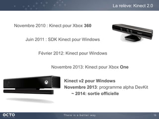 13
La relève: Kinect 2.0
Novembre 2010 : Kinect pour Xbox 360
Juin 2011 : SDK Kinect pour Windows
Février 2012: Kinect pour Windows
Novembre 2013: Kinect pour Xbox One
Kinect v2 pour Windows
Novembre 2013: programme alpha DevKit
~ 2014: sortie officielle
 